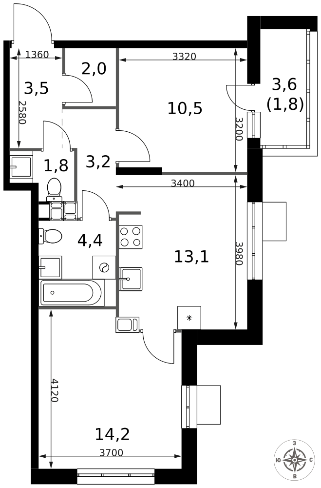 2-комнатная 54 м2 в ЖК 1-й Саларьевский корпус null этаж 7