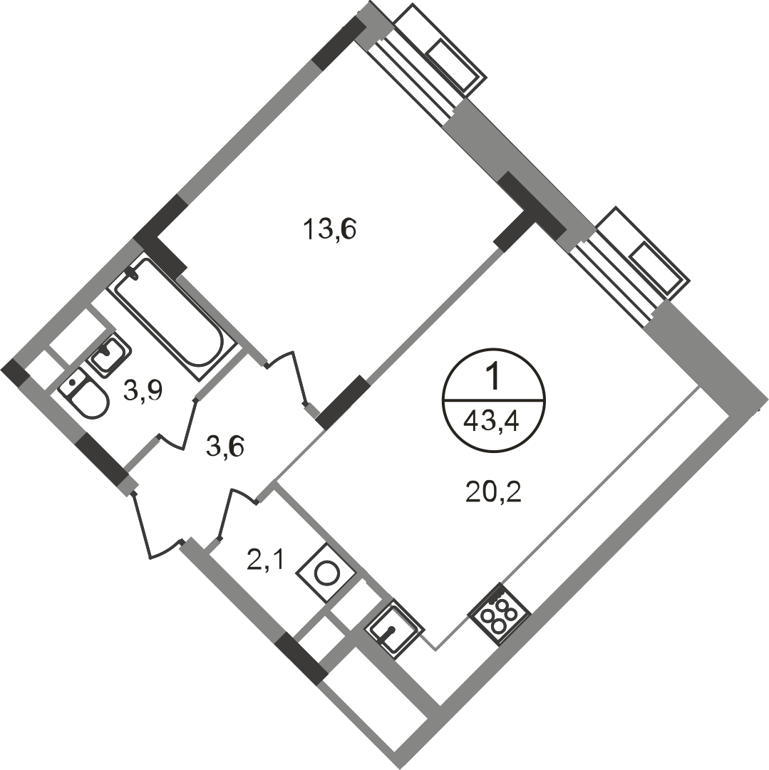 1-комнатная 43 м2 в ЖК Резиденции Сколково корпус null этаж 2