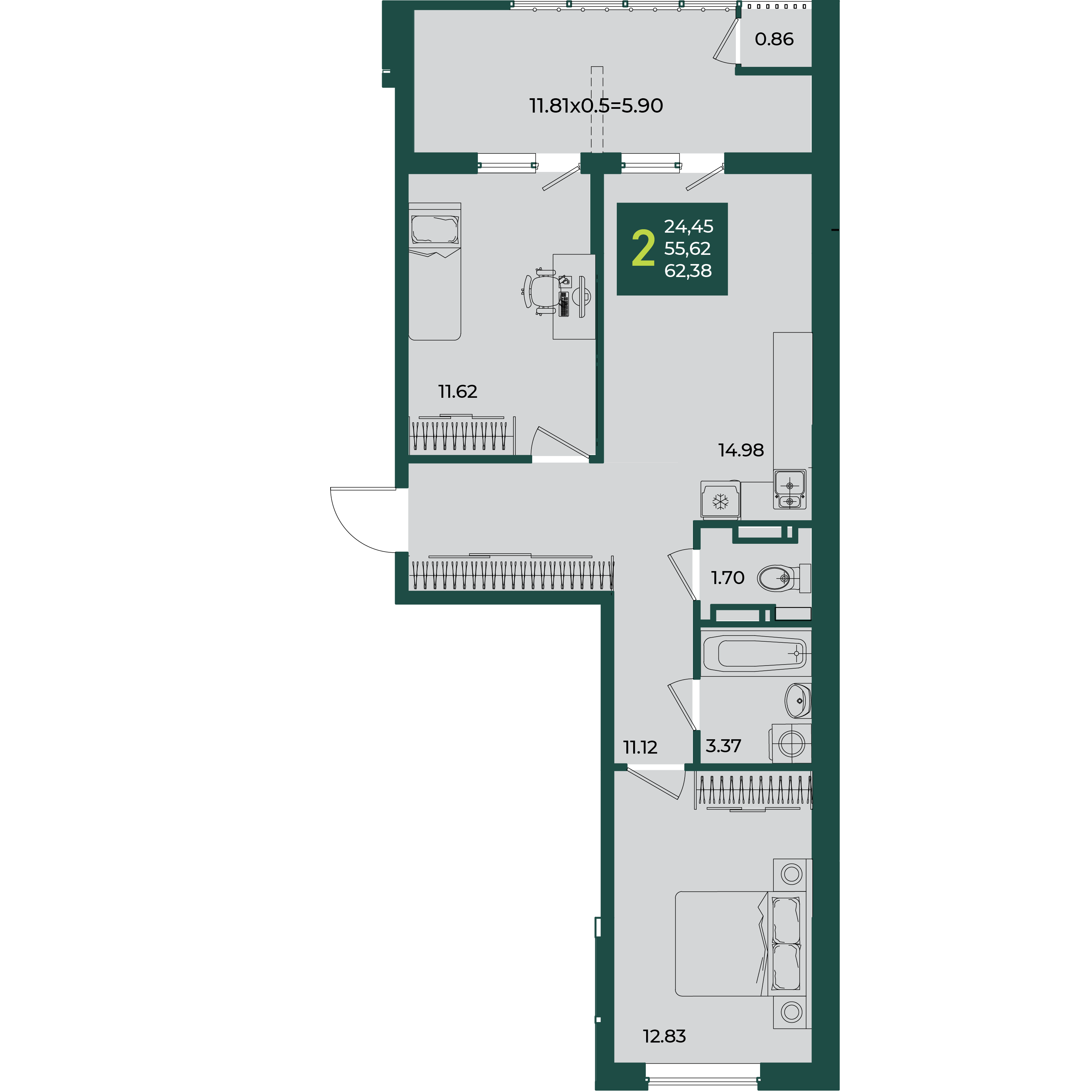 2-комнатная 62 м2 в ЖК Образцово корпус null этаж 18