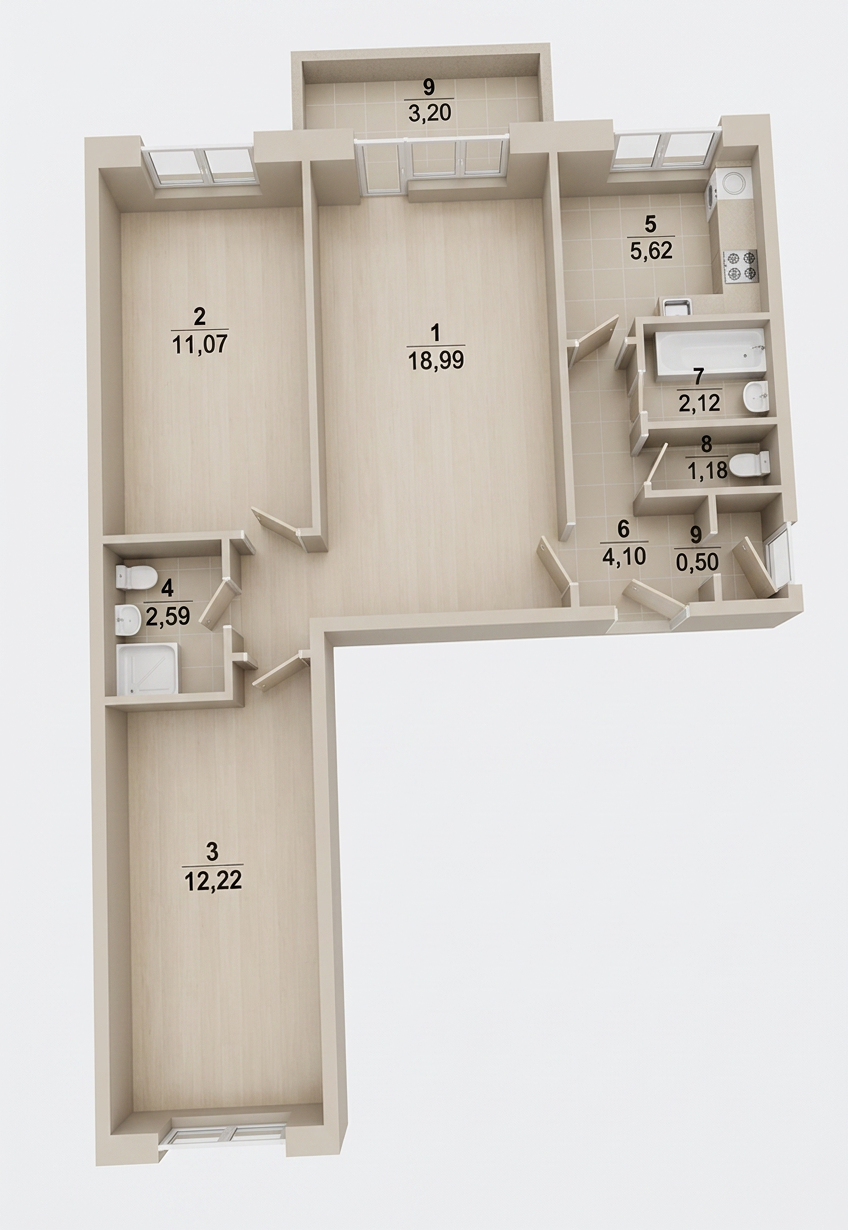 3-комнатная 58.4 м2 в ЖК undefined корпус null этаж 5