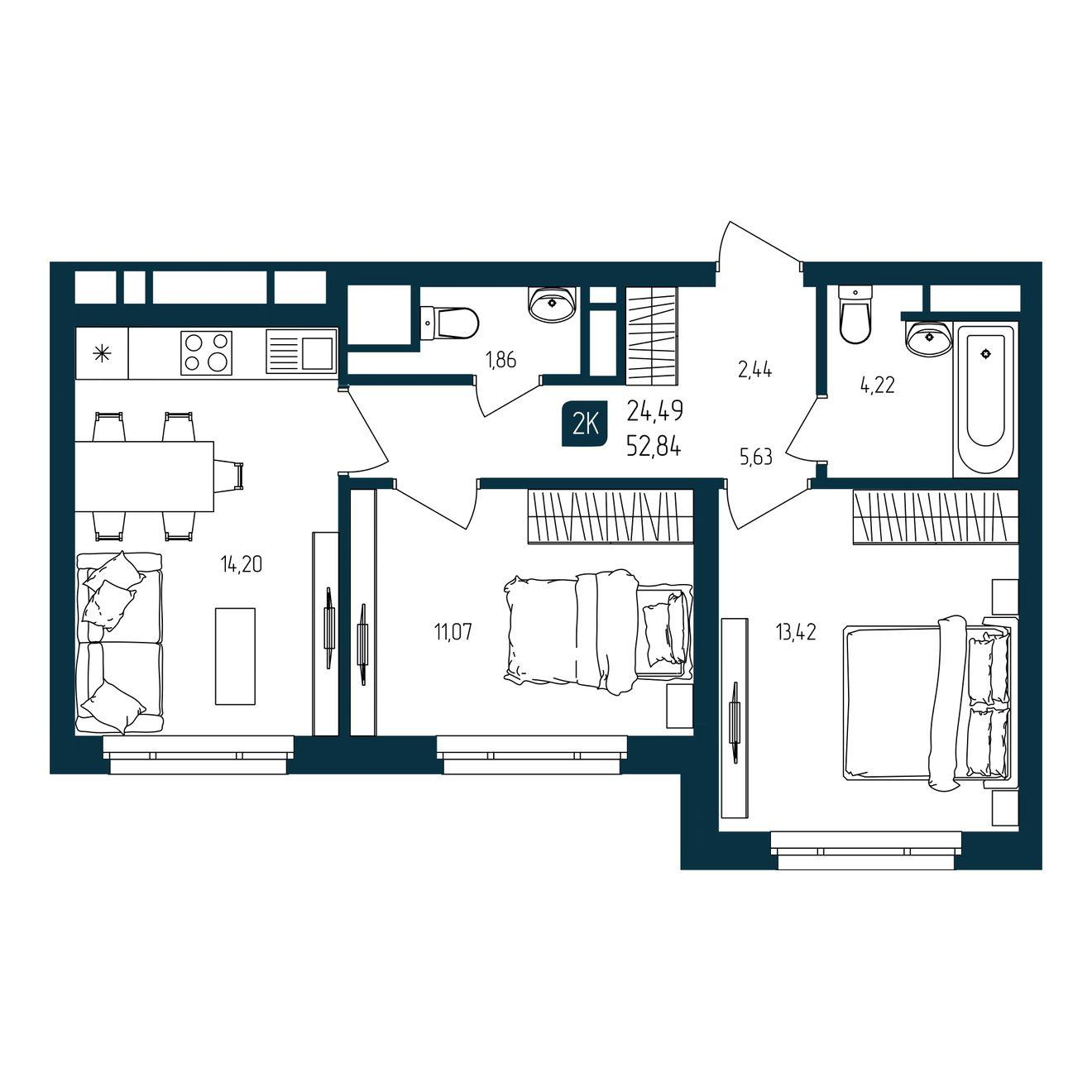2-комнатная 52 м2 в ЖК Квартал Мятный корпус null этаж 15