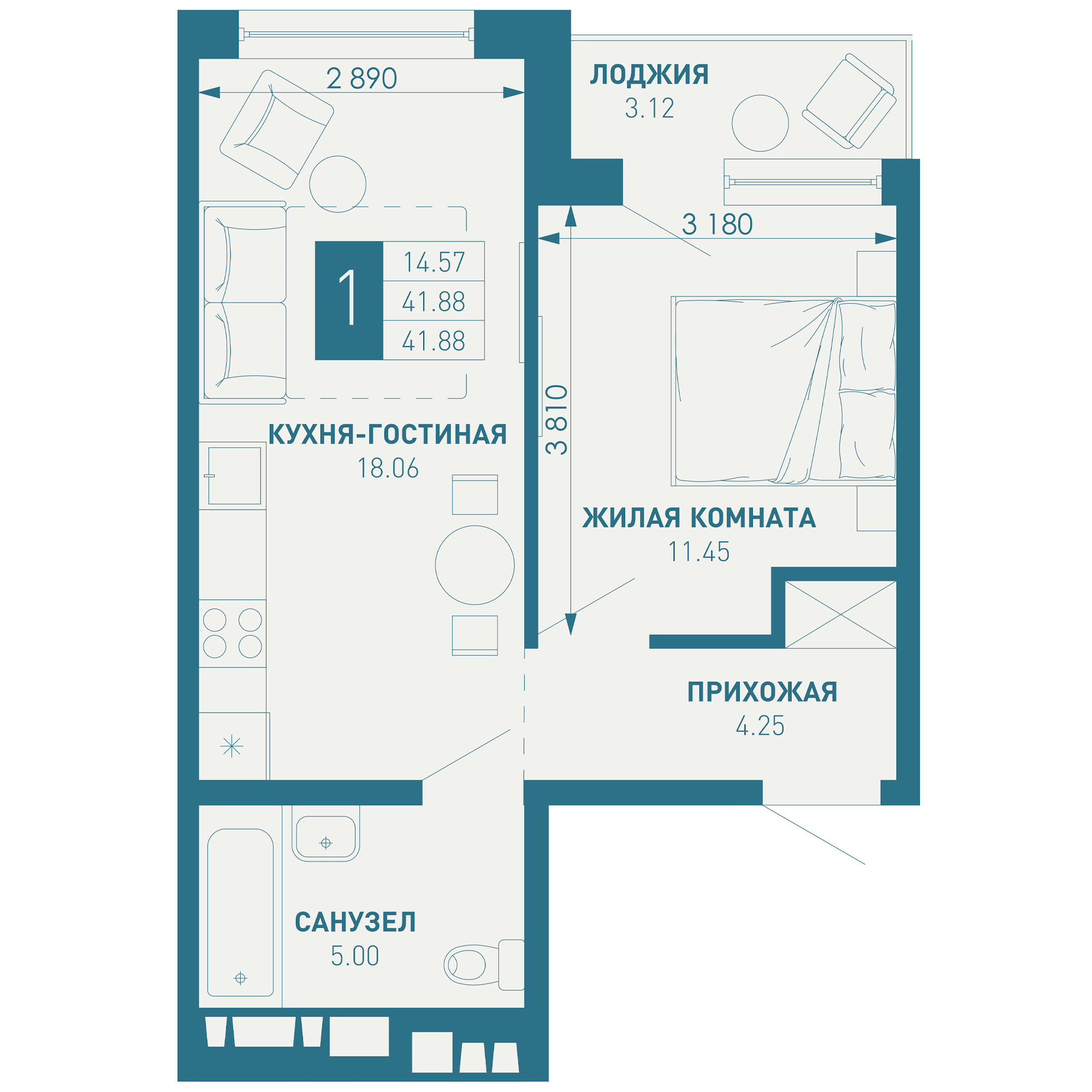 1-комнатная 43 м2 в ЖК ИНАЧЕ в Молодежном корпус null этаж 2