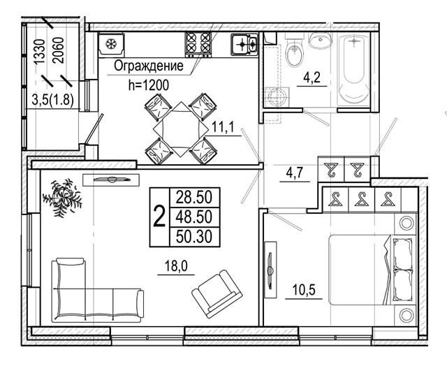 2-комнатная 47.9 м2 в ЖК undefined корпус null этаж 5