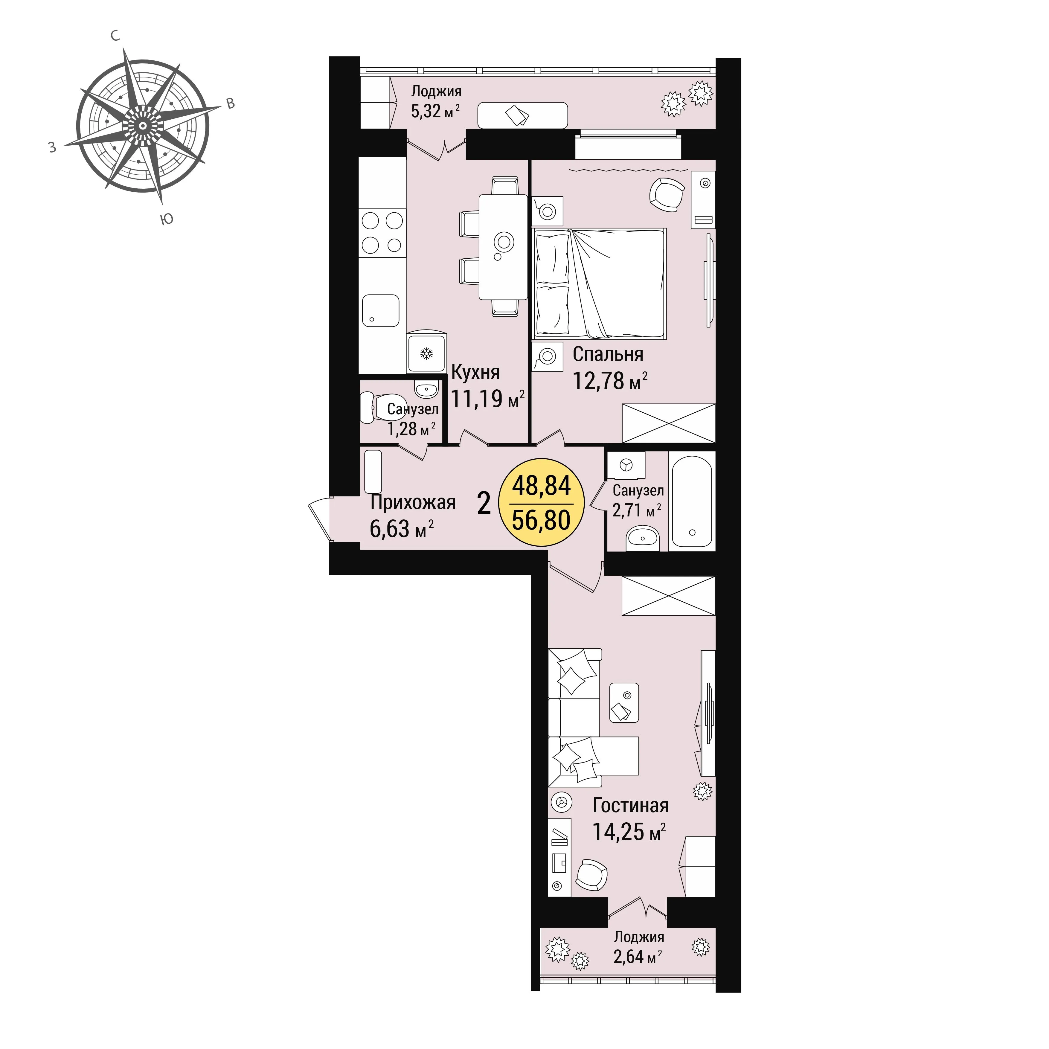 2-комнатная 56 м2 в ЖК Новое Поколение корпус null этаж 9