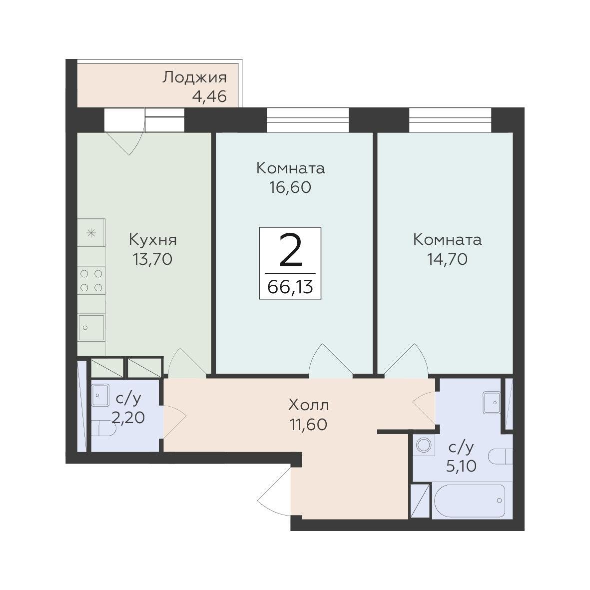 2-комнатная 66 м2 в ЖК Малаховский корпус null этаж 4