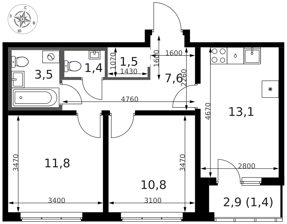 2-комнатная 51 м2 в ЖК 1-й Ясеневский корпус null этаж 2
