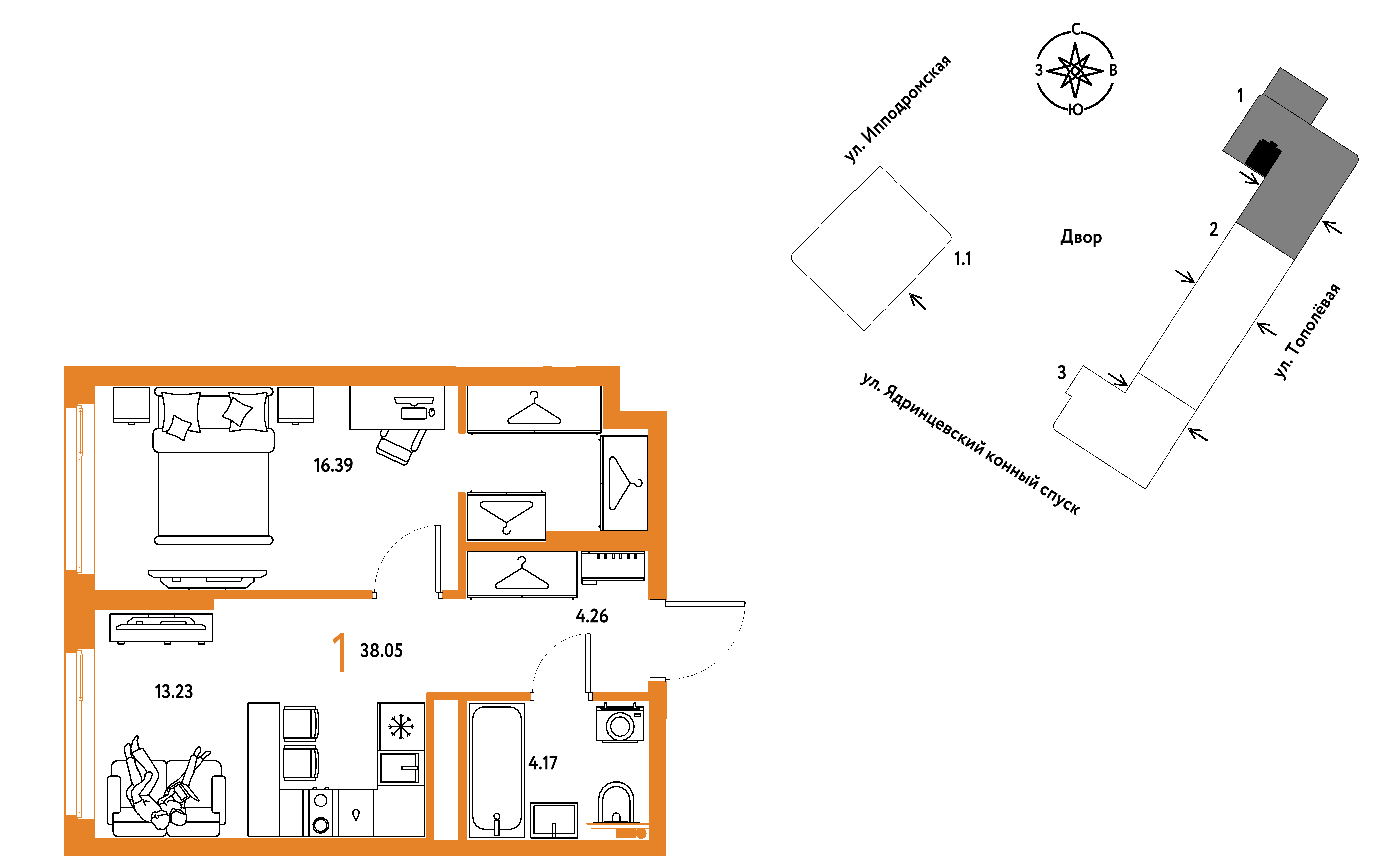 1-комнатная 38 м2 в ЖК Страна.Тополёвая корпус null этаж 9