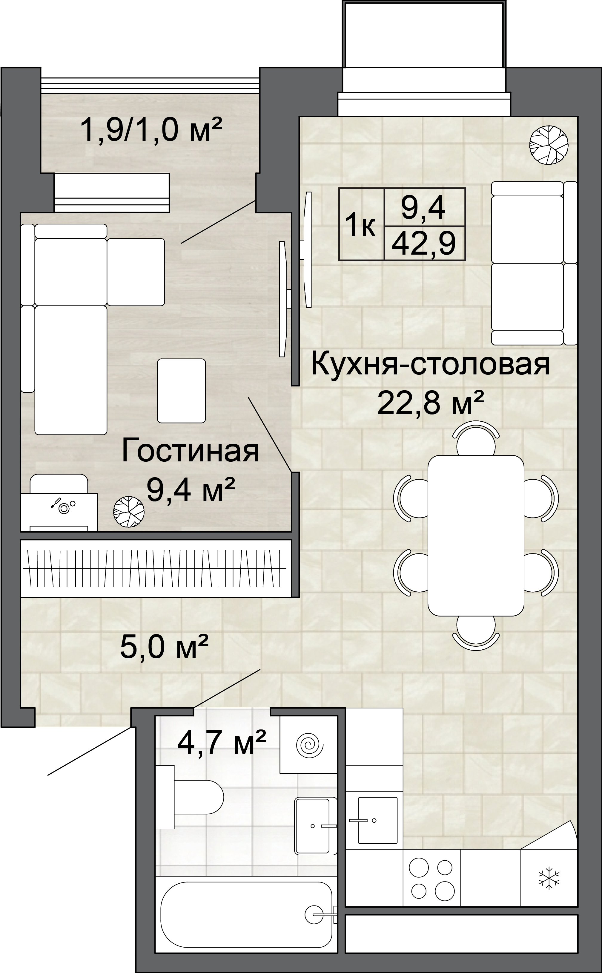 1-комнатная 42 м2 в ЖК Яблоневый Сад корпус null этаж 3