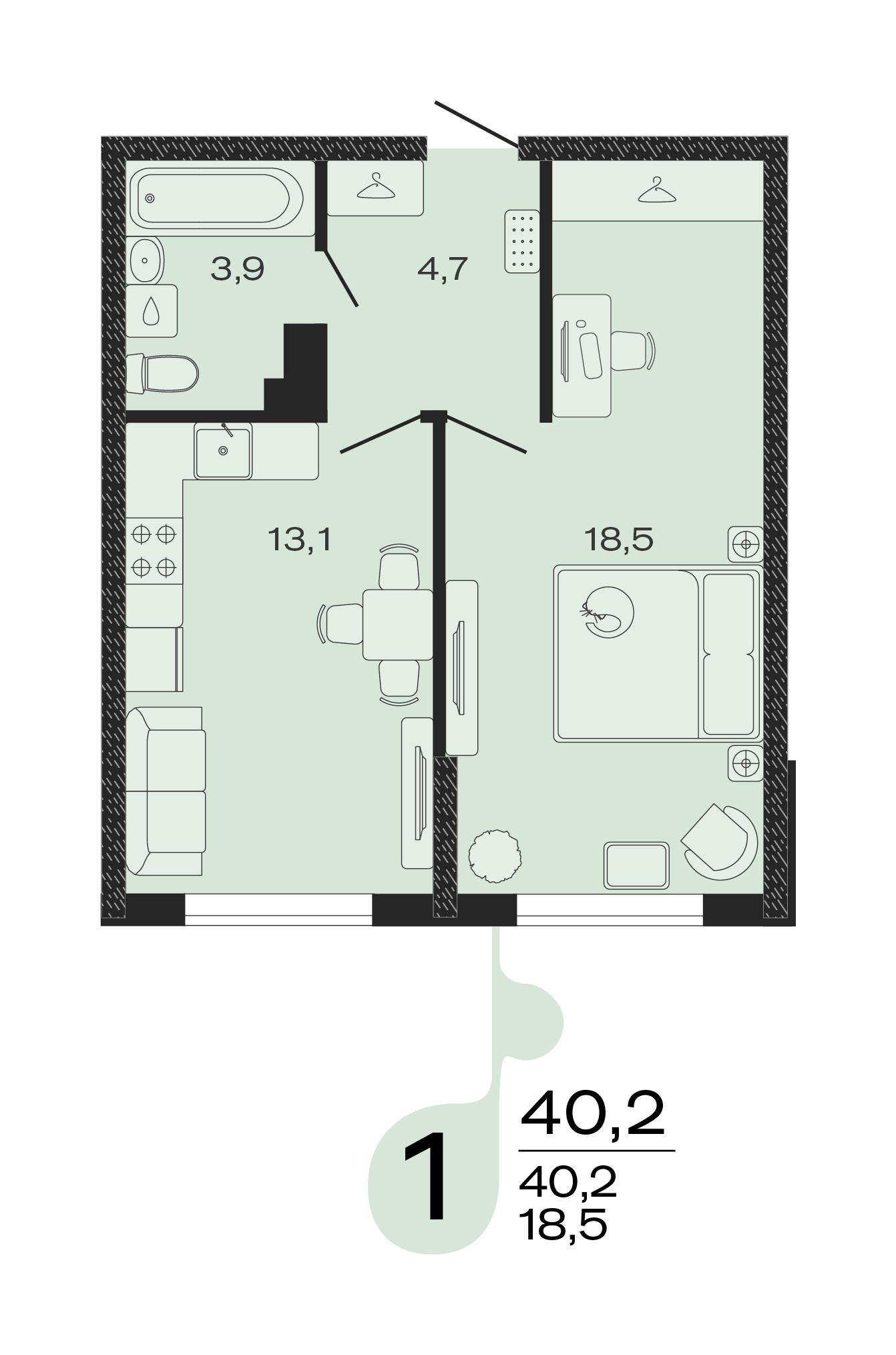 1-комнатная 40 м2 в ЖК ЭВО корпус null этаж 1