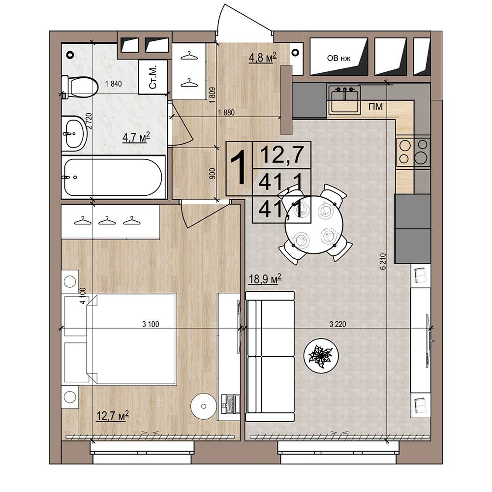 1-комнатная 41 м2 в ЖК Гранд Комфорт-2 корпус null этаж 3