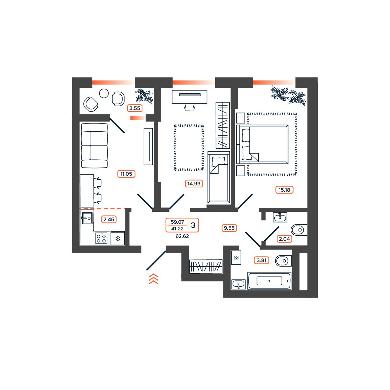 3-комнатная 62 м2 в ЖК Темп корпус null этаж 12