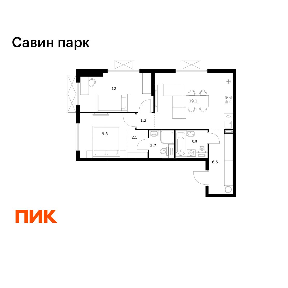 2-комнатная 57 м2 в ЖК Савин парк корпус null этаж 16