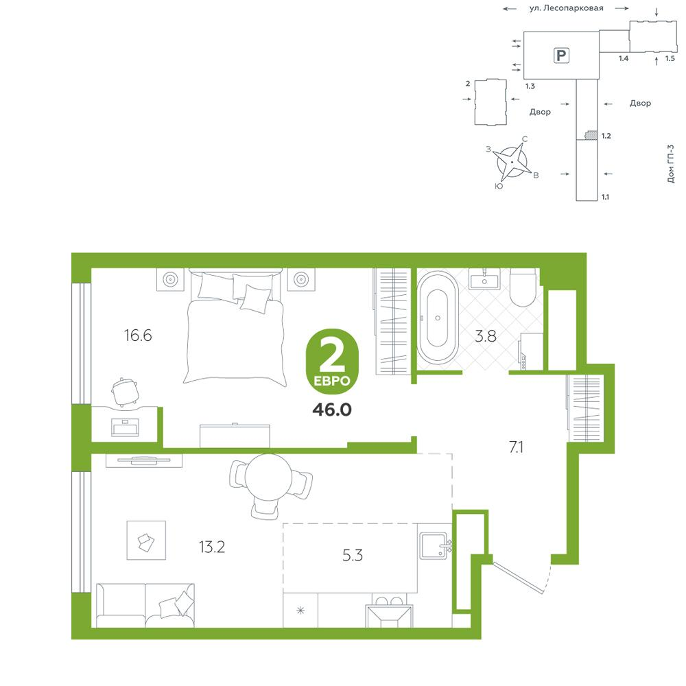 1-комнатная 46 м2 в ЖК Чистые пруды корпус null этаж 14