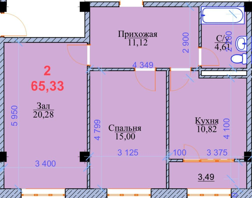 2-комнатная 65.3 м2 в ЖК undefined корпус null этаж 6