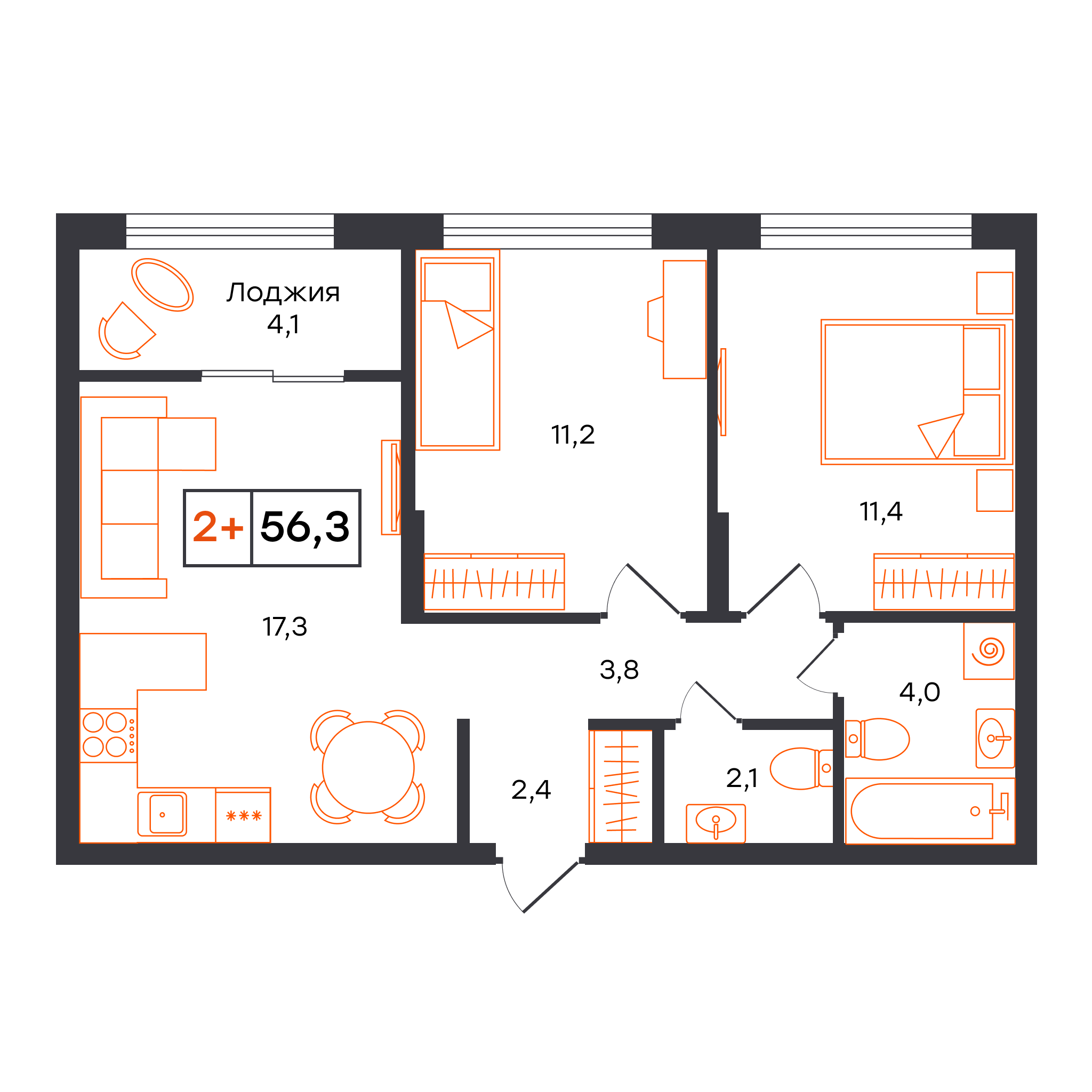 2-комнатная 56 м2 в ЖК УНО. Умный квартал корпус null этаж 17