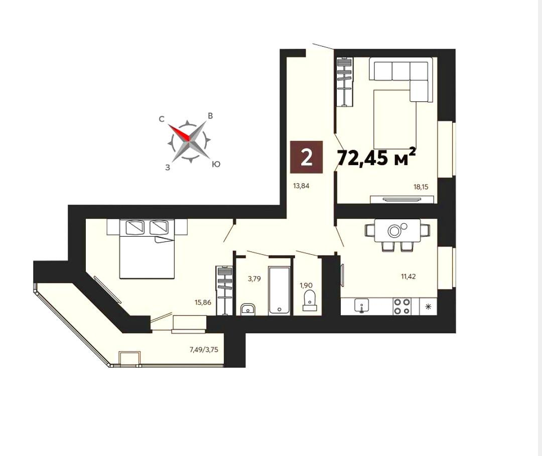 2-комнатная 72.5 м2 в ЖК undefined корпус null этаж 8