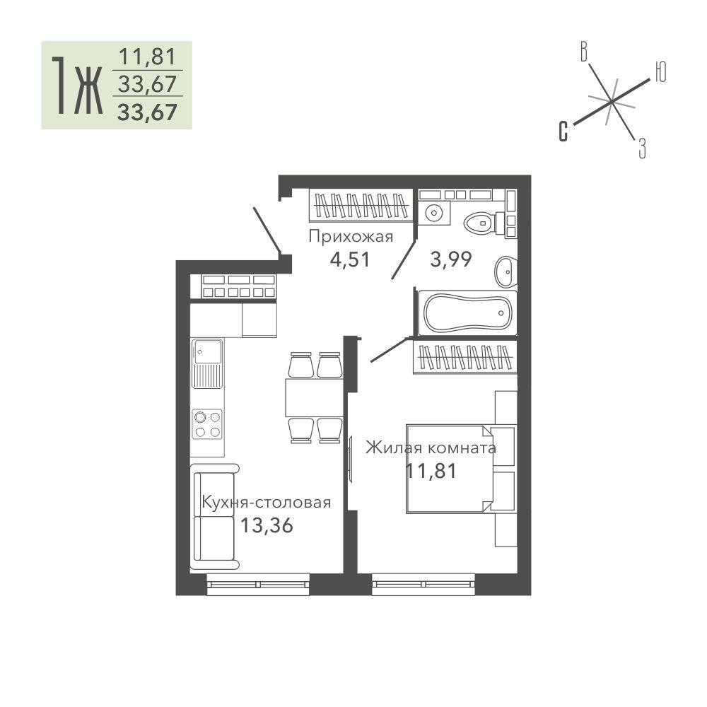 1-комнатная 33 м2 в ЖК Жилая среда «Шишкин» корпус null этаж 16