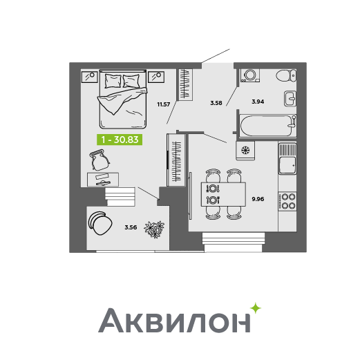 1-комнатная 30 м2 в ЖК Аквилон ROSA корпус null этаж 10