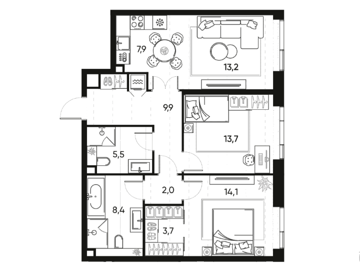 3-комнатная 78.4 м2 в ЖК undefined корпус null этаж 5