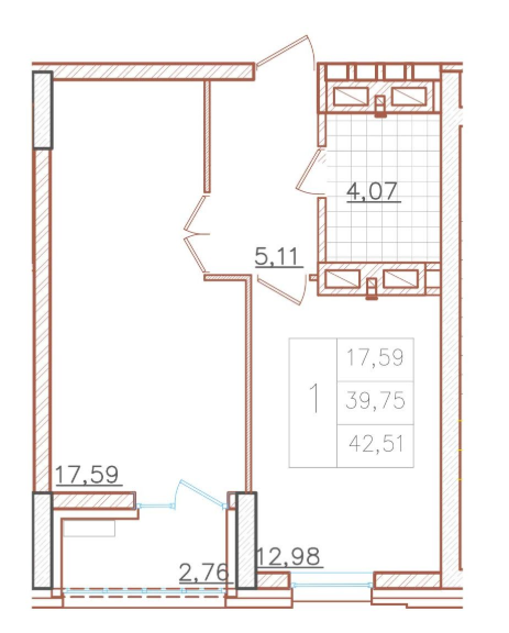 1-комнатная 42 м2 в ЖК undefined корпус null этаж 17