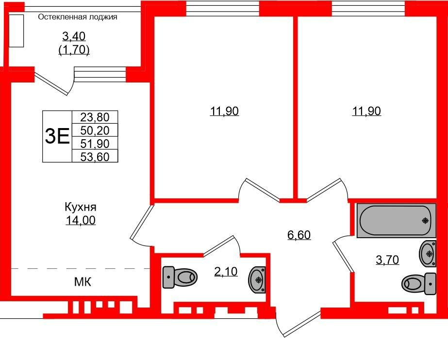 2-комнатная 51 м2 в ЖК Кроны и Волны корпус null этаж 2