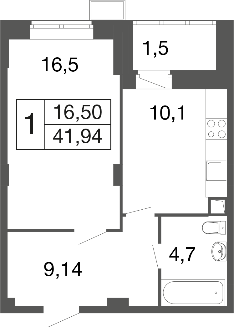 1-комнатная 41 м2 в ЖК Времена года корпус null этаж 1