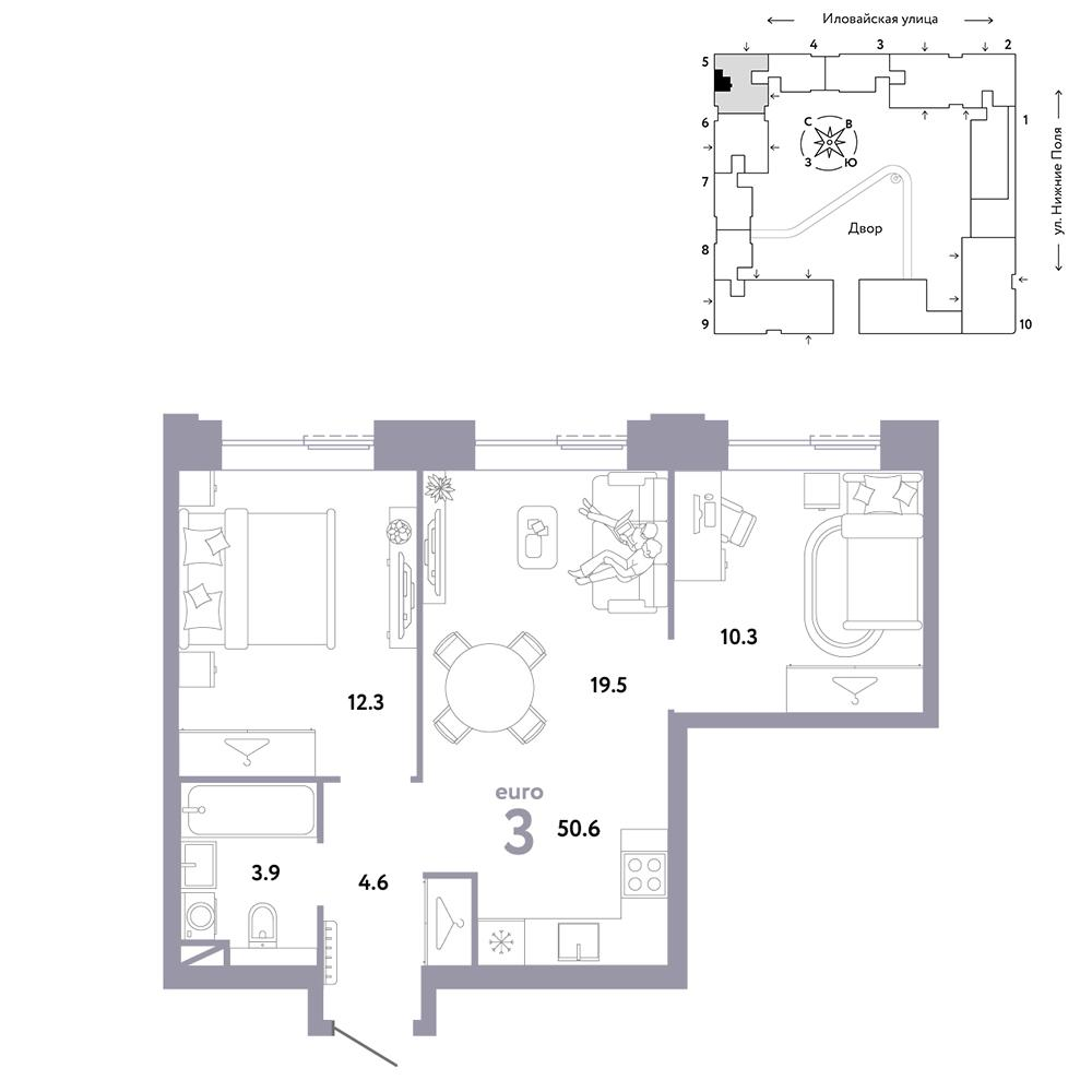3-комнатная 50 м2 в ЖК Страна.Заречная корпус null этаж 12