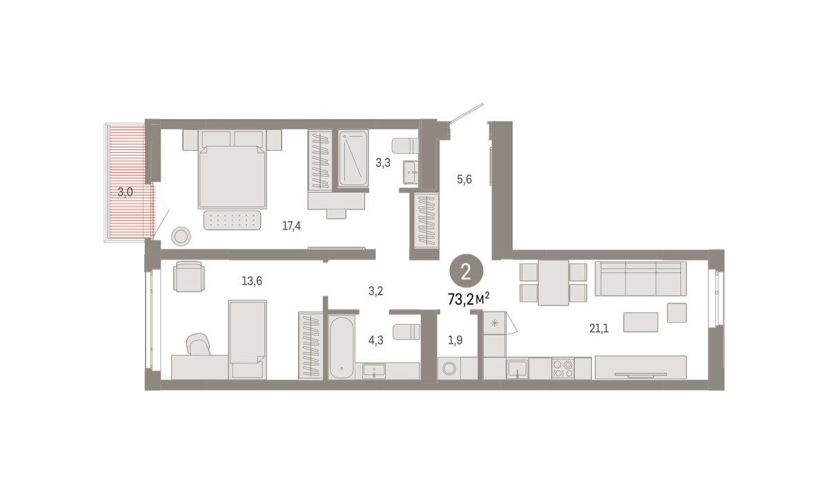 2-комнатная 73 м2 в ЖК Республики 205 корпус null этаж 7