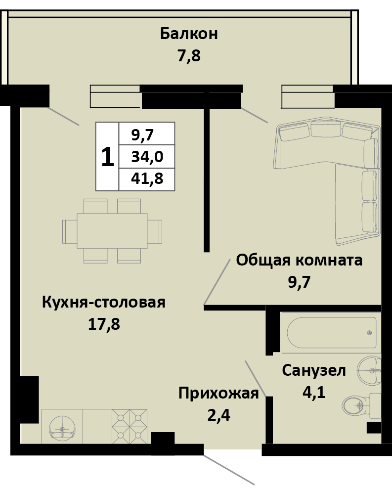 1-комнатная 41 м2 в ЖК Южные соседи корпус null этаж 4