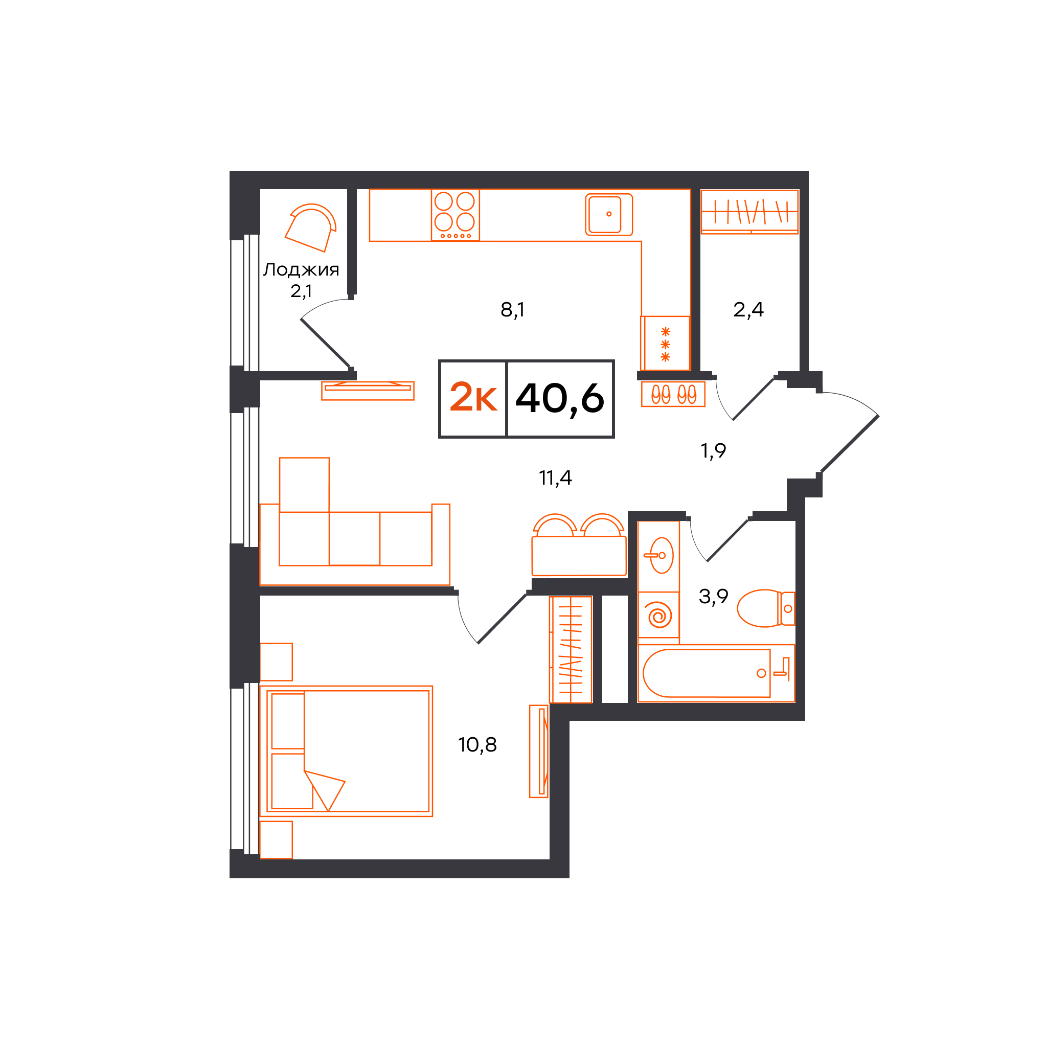 2-комнатная 40 м2 в ЖК Отличие корпус null этаж 15