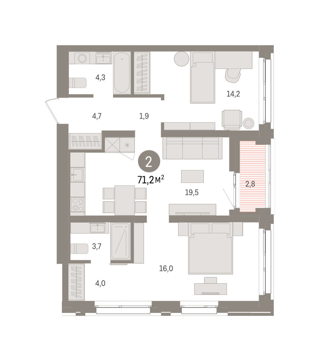 2-комнатная 71 м2 в ЖК Европейский берег корпус null этаж 11