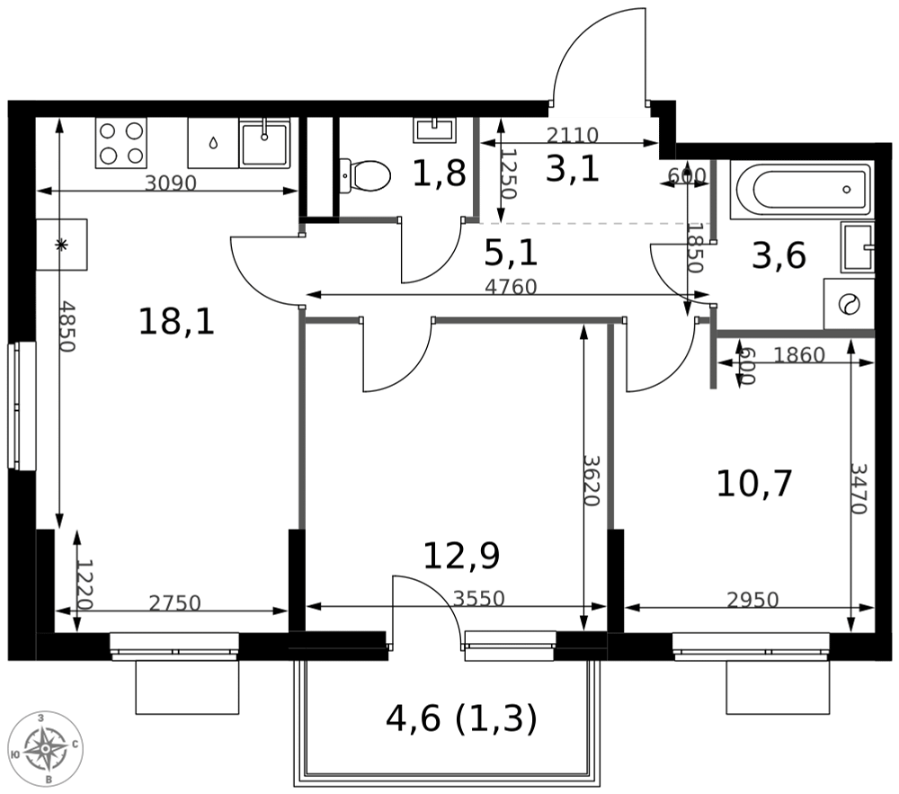 2-комнатная 56 м2 в ЖК 1-й Измайловский корпус null этаж 10