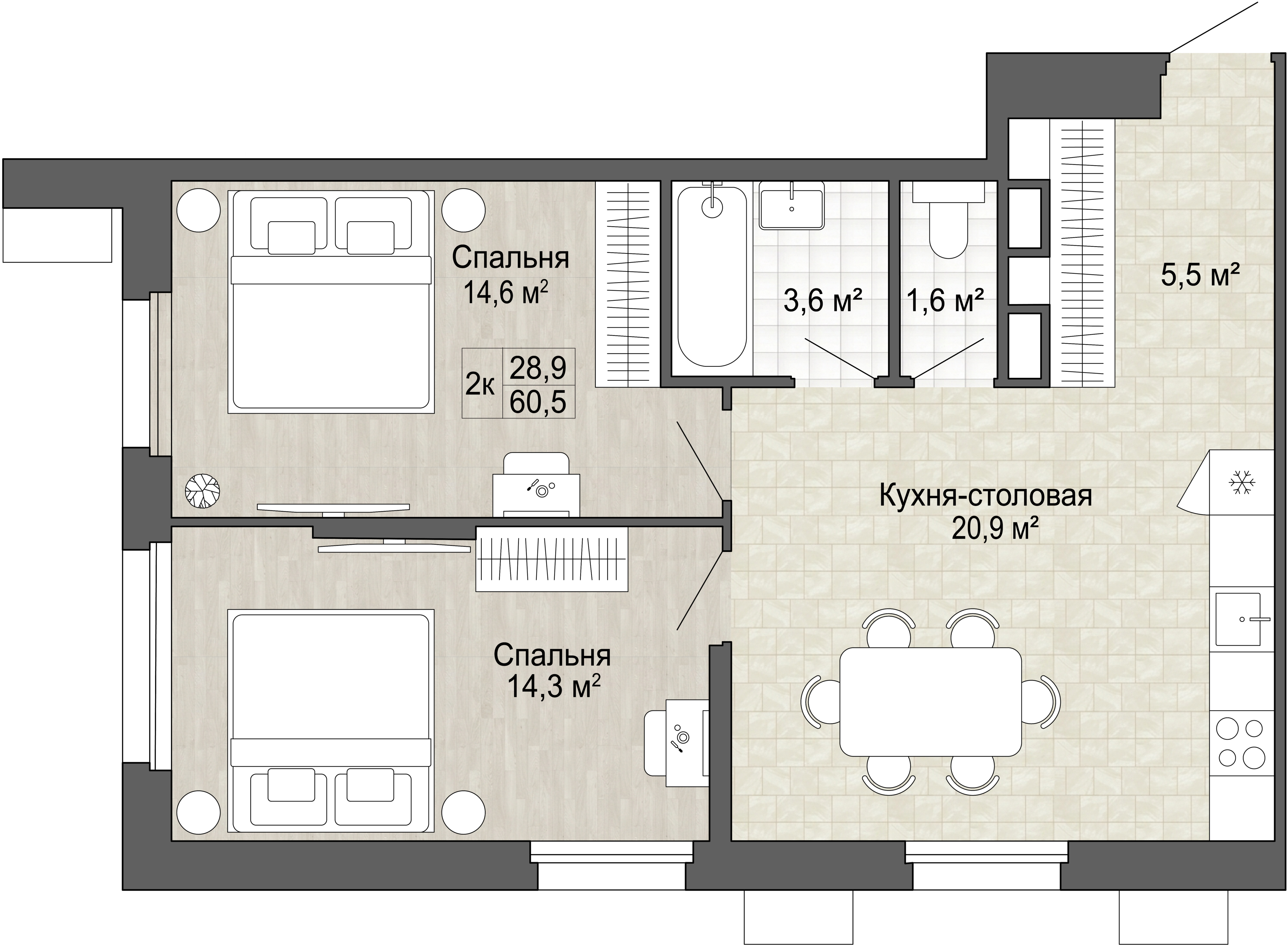 3-комнатная 60 м2 в ЖК Green 2 корпус null этаж 15