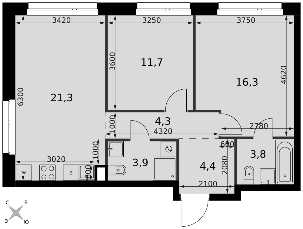 3-комнатная 65 м2 в ЖК Симоновский Вал корпус null этаж 4