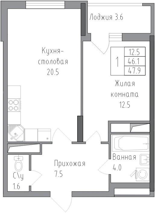 1-комнатная 47.9 м2 в ЖК undefined корпус null этаж 5