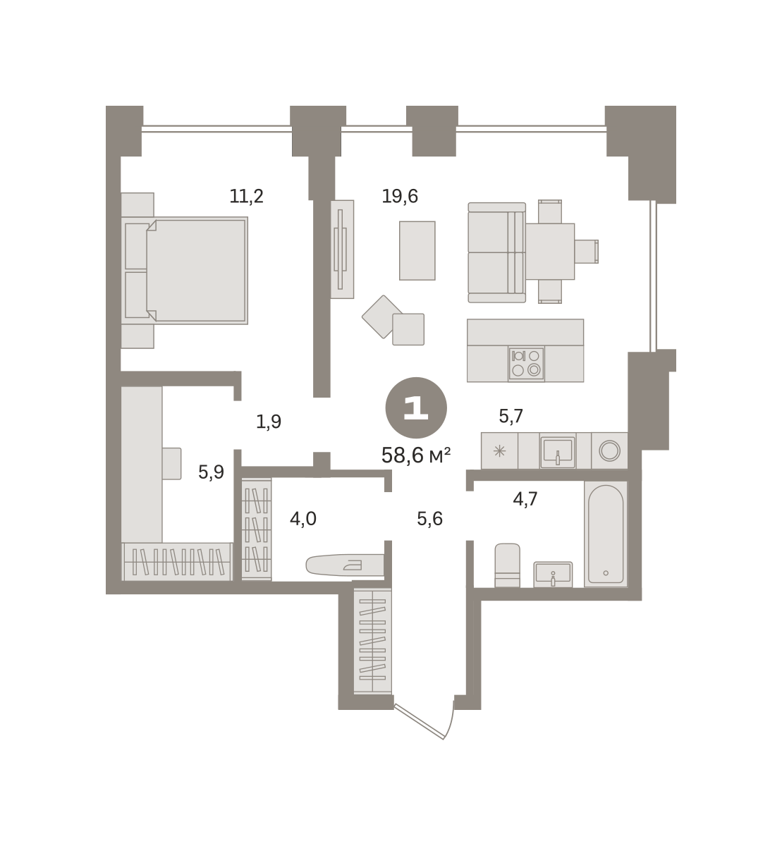 1-комнатная 58 м2 в ЖК Гудзон корпус null этаж 2