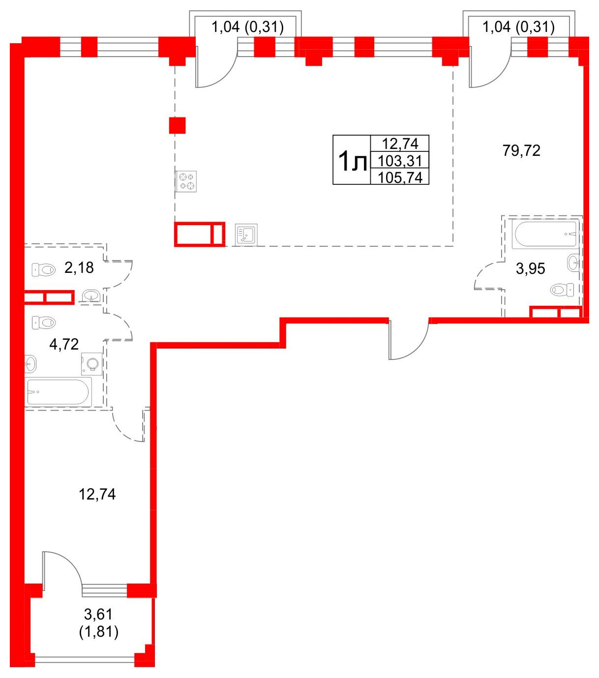 1-комнатная 105 м2 в ЖК Кронфорт. Центральный корпус null этаж 3