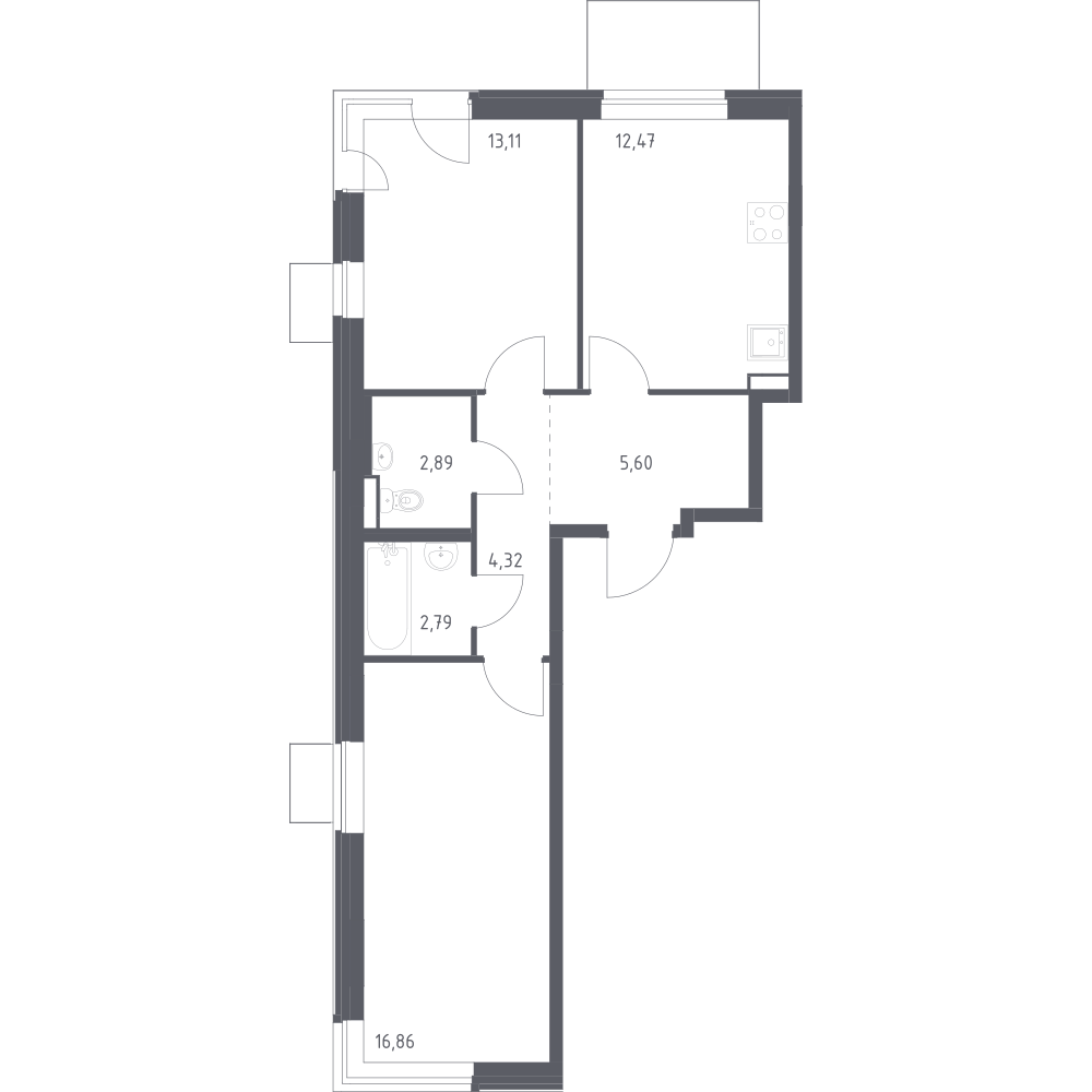 2-комнатная 58 м2 в ЖК Квартал Западный корпус null этаж 5