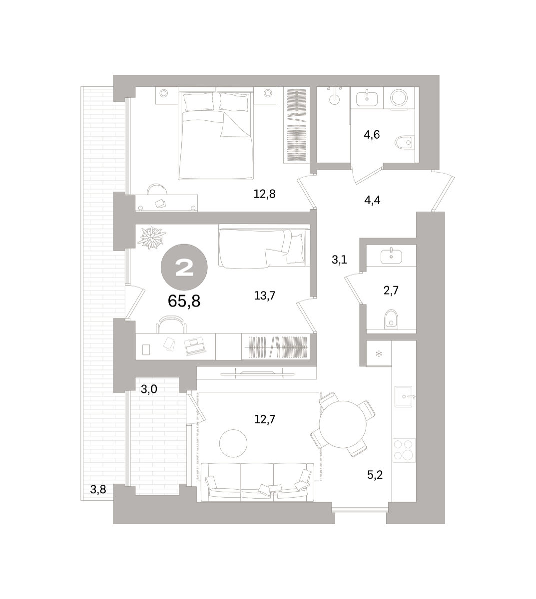 2-комнатная 65 м2 в ЖК Северный ветер корпус null этаж 2