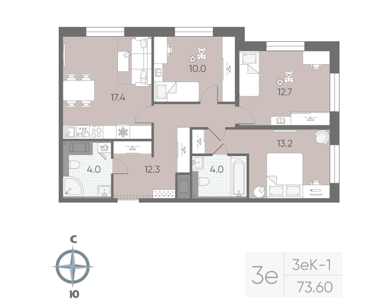 3-комнатная 73 м2 в ЖК Большая Охта корпус null этаж 8