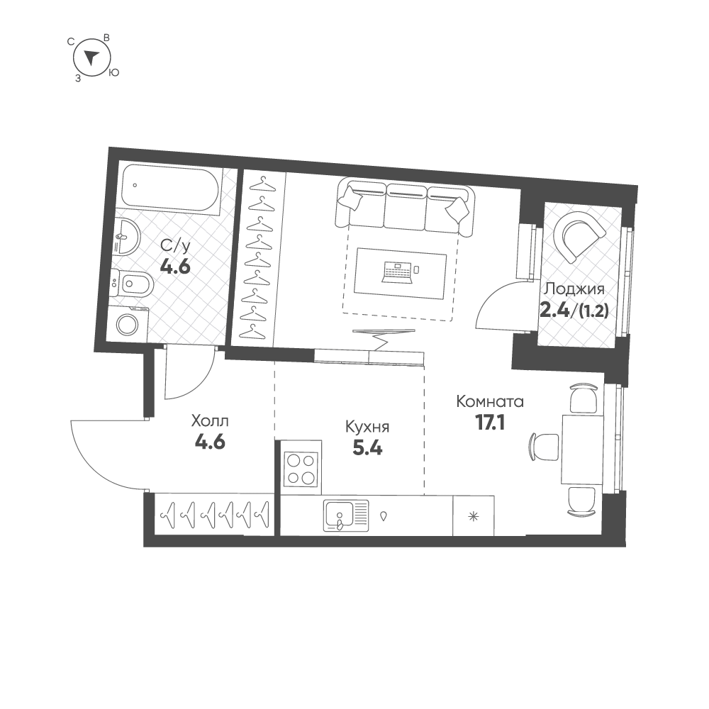 1-комнатная 32 м2 в ЖК Ягодное Река Парк корпус null этаж 6