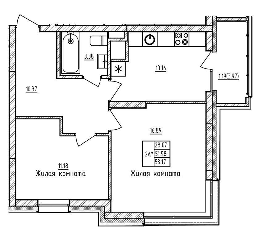 2-комнатная 53.5 м2 в ЖК undefined корпус null этаж 11