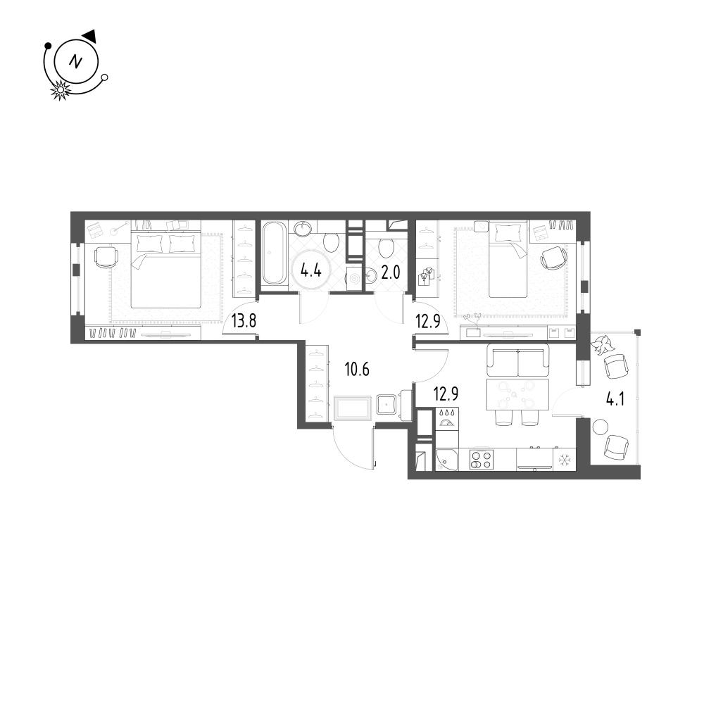 2-комнатная 58 м2 в ЖК Монография корпус null этаж 12