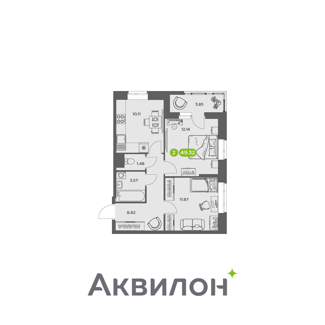 2-комнатная 49 м2 в ЖК Аквилон АКВАРТАЛ корпус null этаж 14