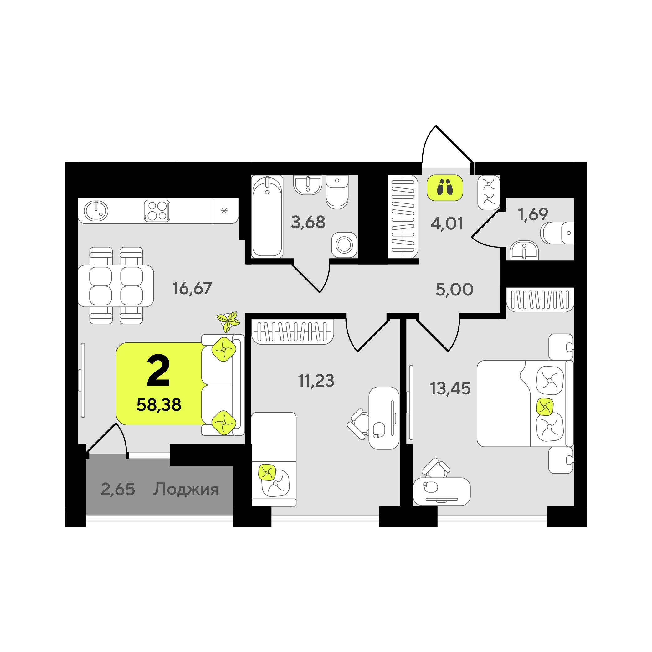 2-комнатная 58 м2 в ЖК Окинава корпус null этаж 8