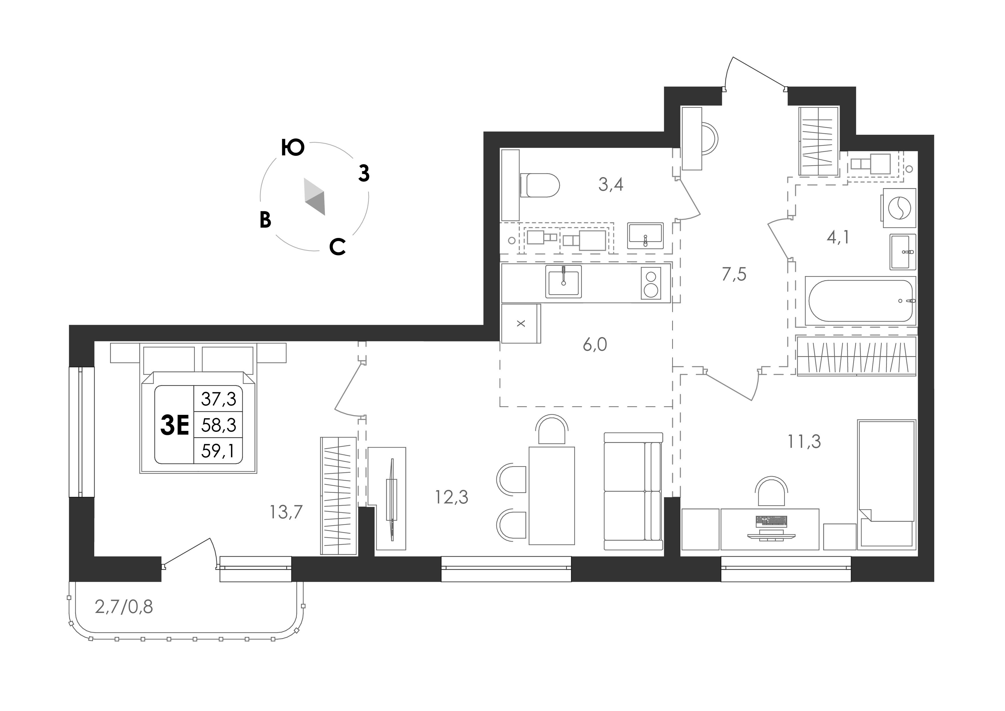3-комнатная 59 м2 в ЖК Циолковский корпус null этаж 12