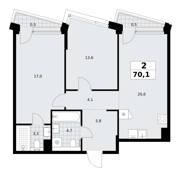 2-комнатная 70 м2 в ЖК Хольм корпус null этаж 5