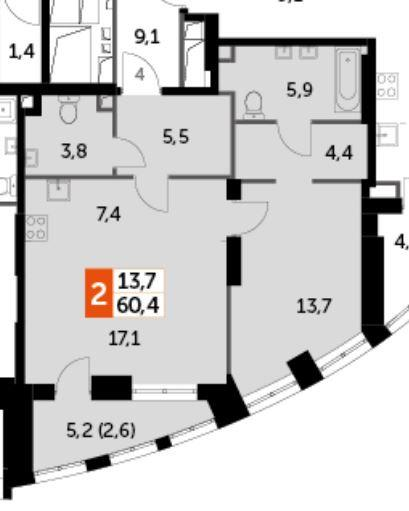 2-комнатная 60.4 м2 в ЖК undefined корпус null этаж 5