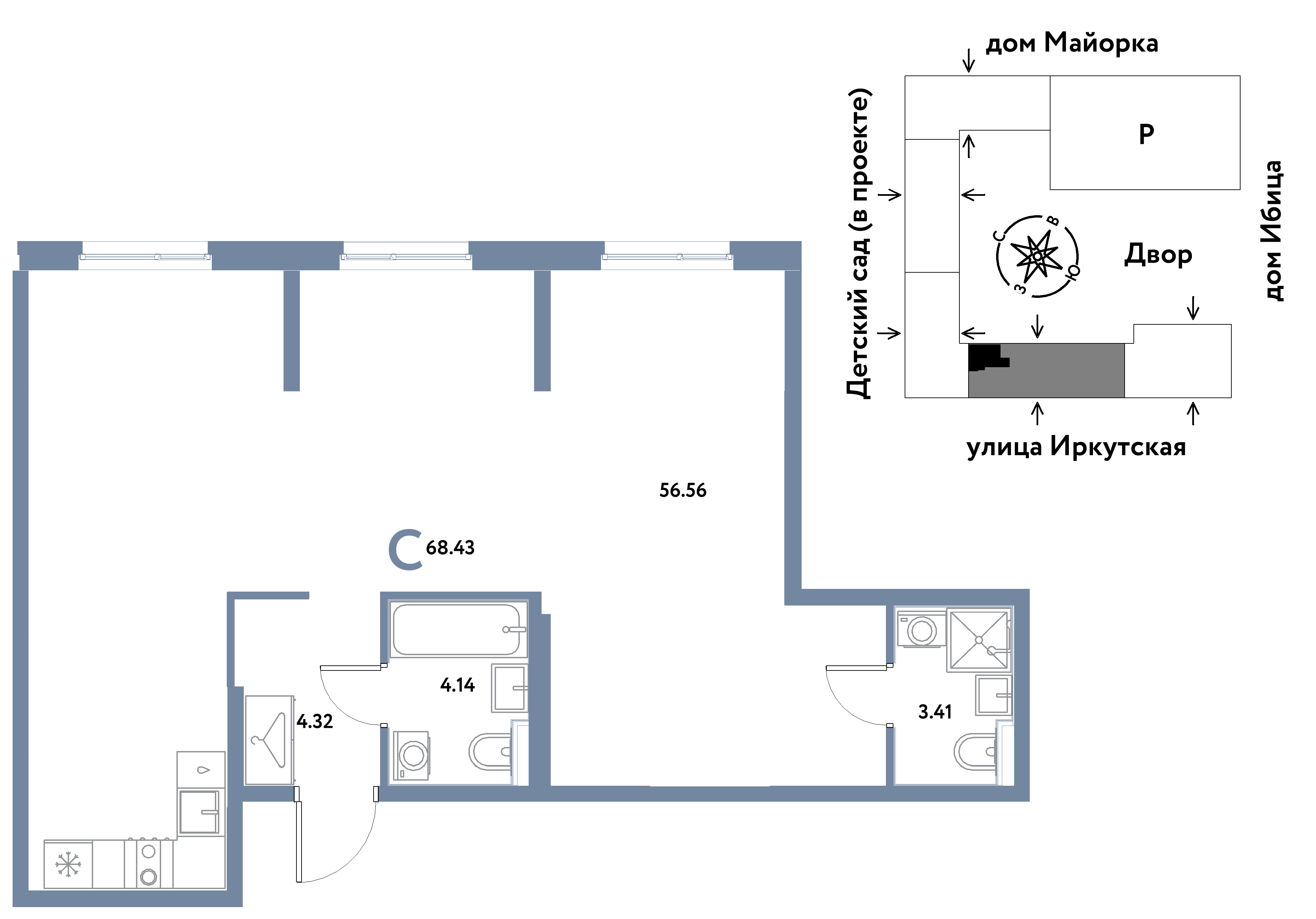 Студия 68 м2 в ЖК Остров-сад корпус null этаж 14