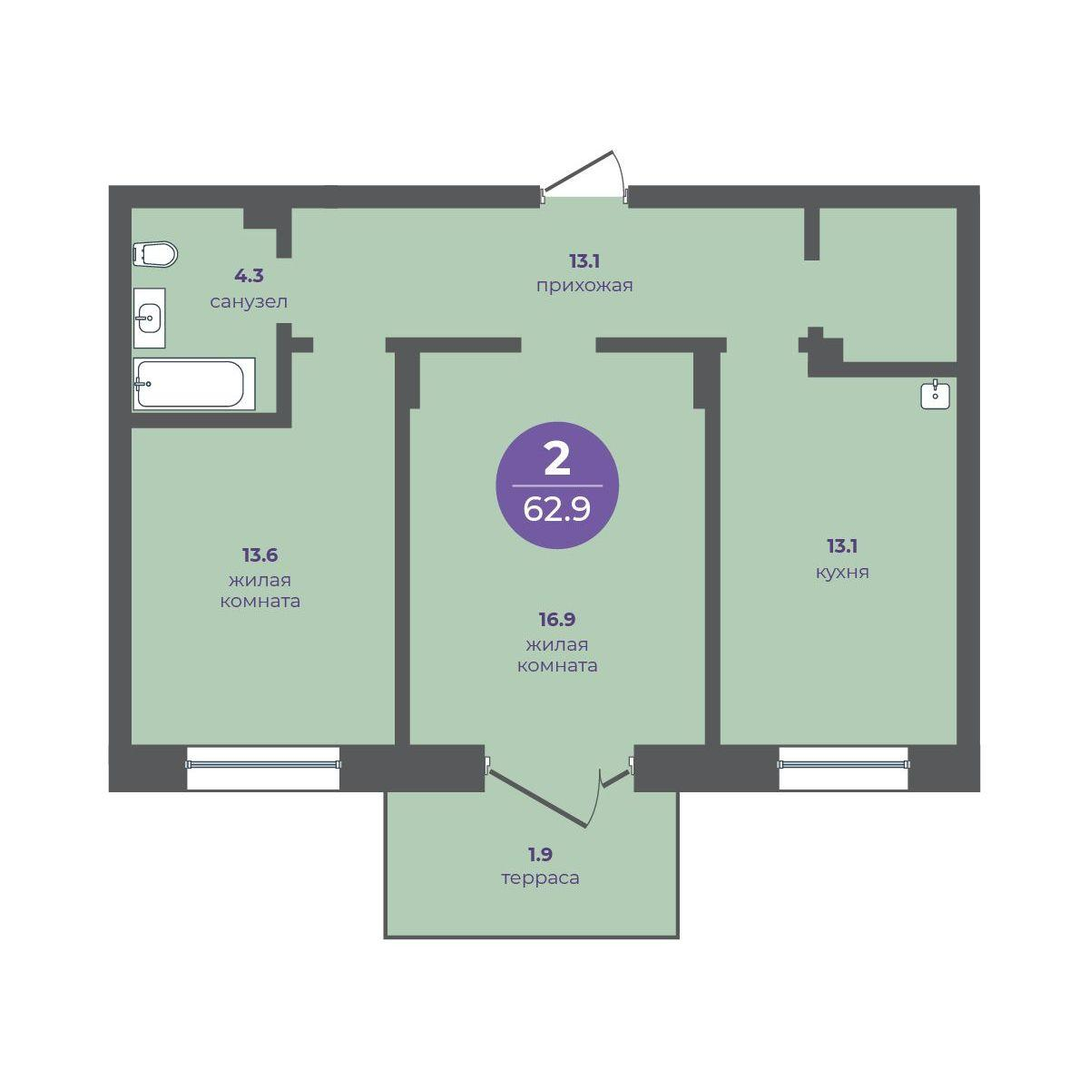 2-комнатная 62 м2 в ЖК Перемены корпус null этаж 1